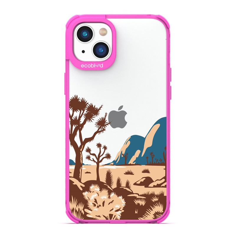 Laguna Collection - Pink Eco-Friendly Apple iPhone 14 Case With Minimalist Joshua Tree Desert Landscape On A Clear Back