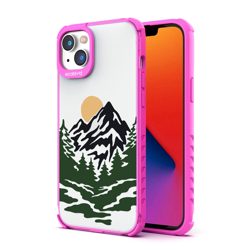 Back View Of Pink Compostable Laguna iPhone 14 Case With Mountains Design & Front View Of Screen
