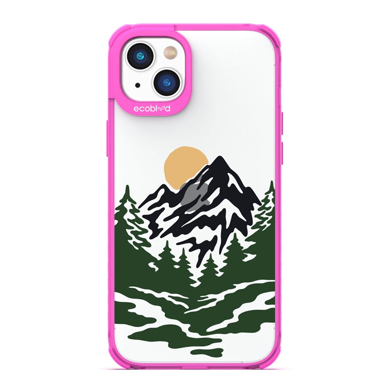 Laguna Collection - Pink Eco-Friendly iPhone 14 Case With A Minimalist Moonlit Treelined Mountain Landscape On A Clear Back