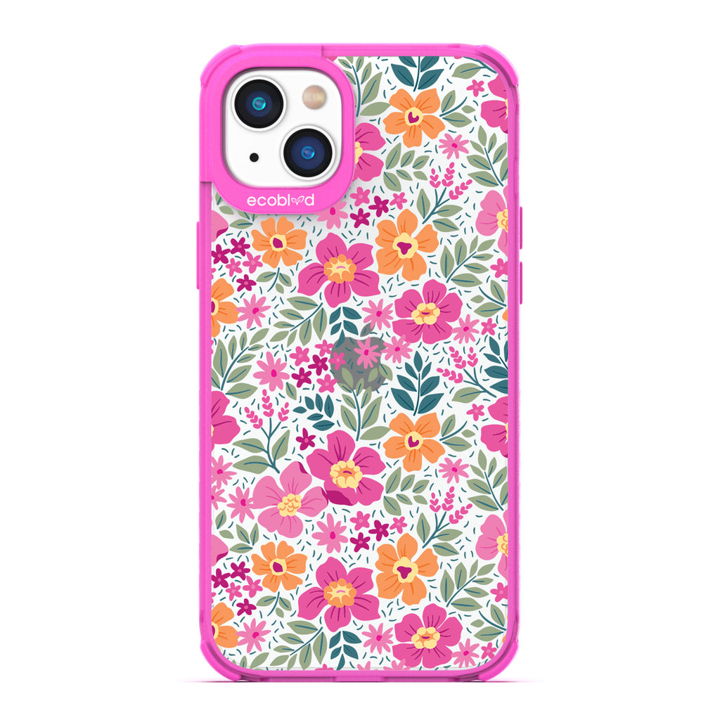 Spring Collection - Pink Compostable iPhone 14 Case - Bright, Colorful  Vintage Cartoon Flowers with Leaves On A Clear Back