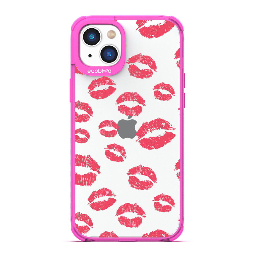 Bisou - Pink Compostable iPhone 14 Plus Case - Multiple Red Lipstick Kisses On A Clear Back
