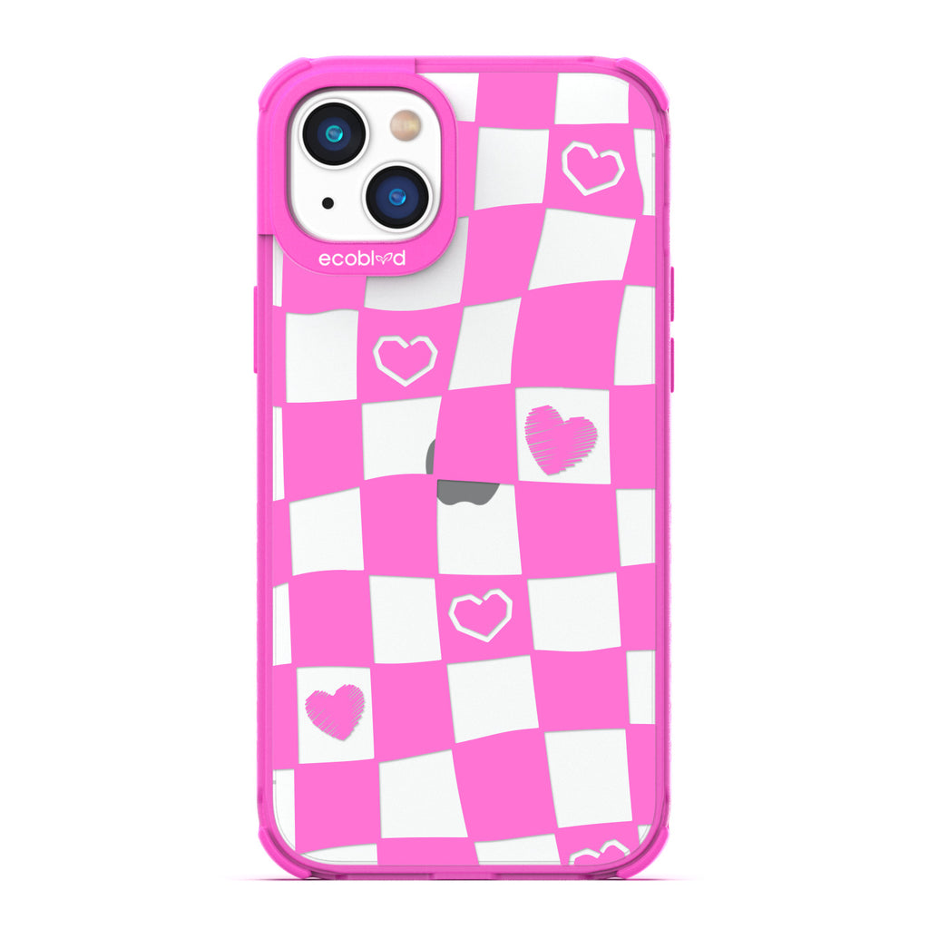 Love Collection - Pink Compostable iPhone 14 Case - Wavy Checkered Print & Scribbled Hearts On A Clear Back