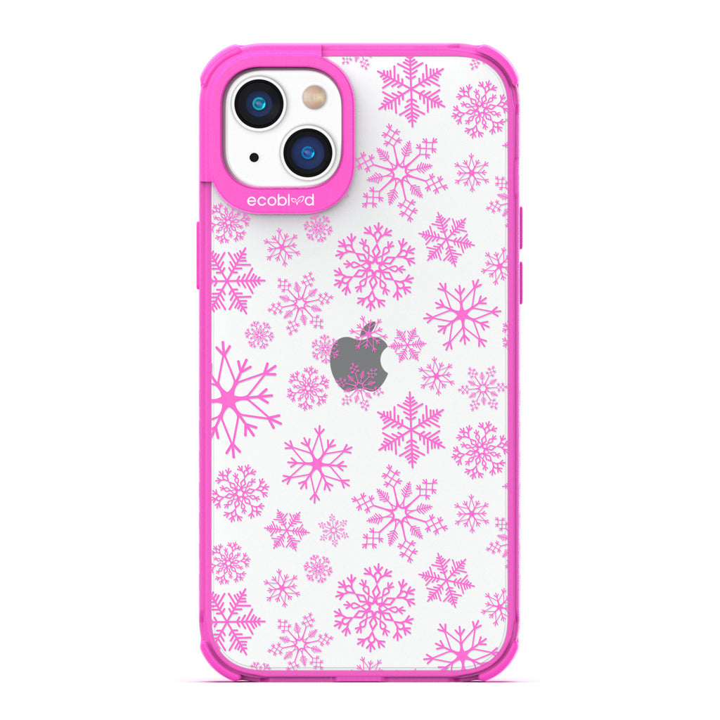 Winter Collection - Pink Eco-Friendly Laguna iPhone 14 Case With A Snowflake Pattern On A Clear Back