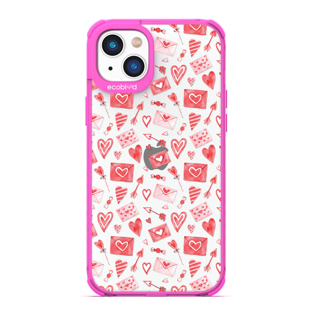 Love Collection - Pink Compostable iPhone 14 Plus Case - Red & Pink Love Letter Envelopes, Hearts & Arrows On Clear Back