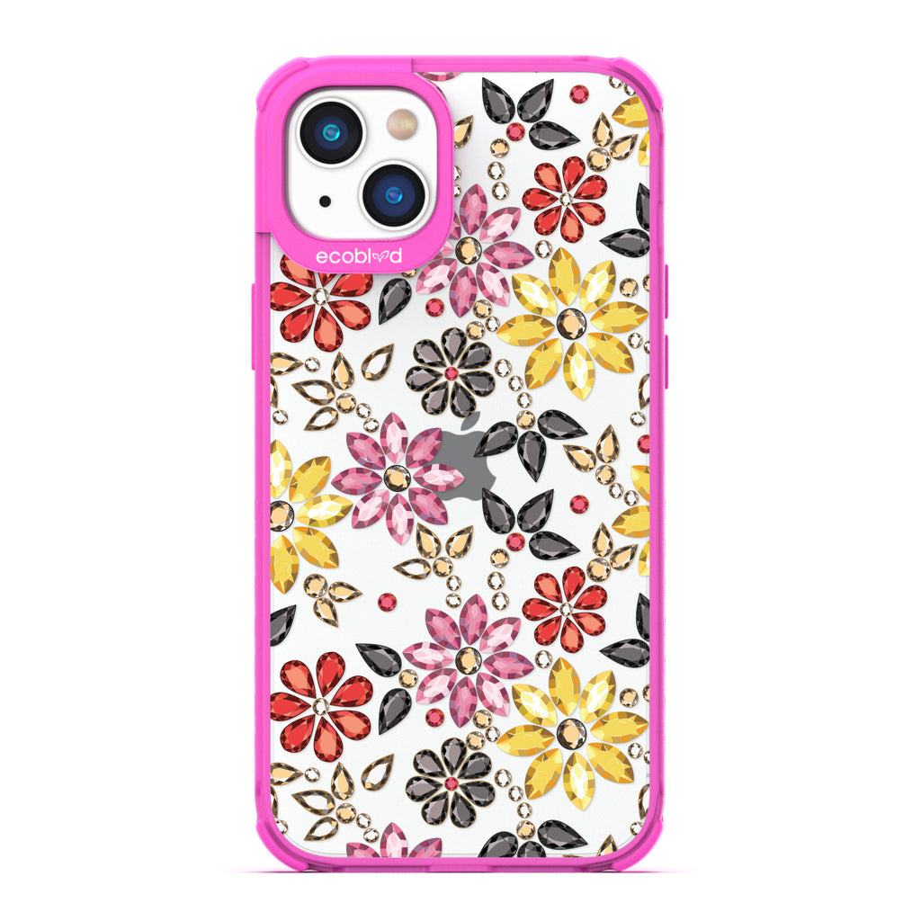 Spring Collection - Pink Compostable iPhone 14 Plus Case - Rhinestone Jewels In Floral Patterns On A Clear Back