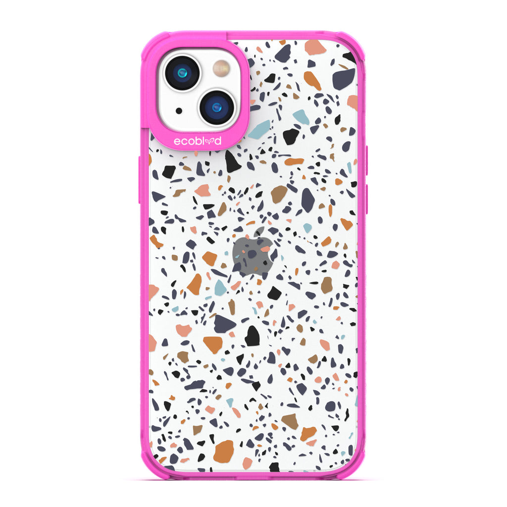 Timeless Collection - Pink Laguna Compostable iPhone 14 Case With A Speckled Terrazzo Pattern On A Clear Back