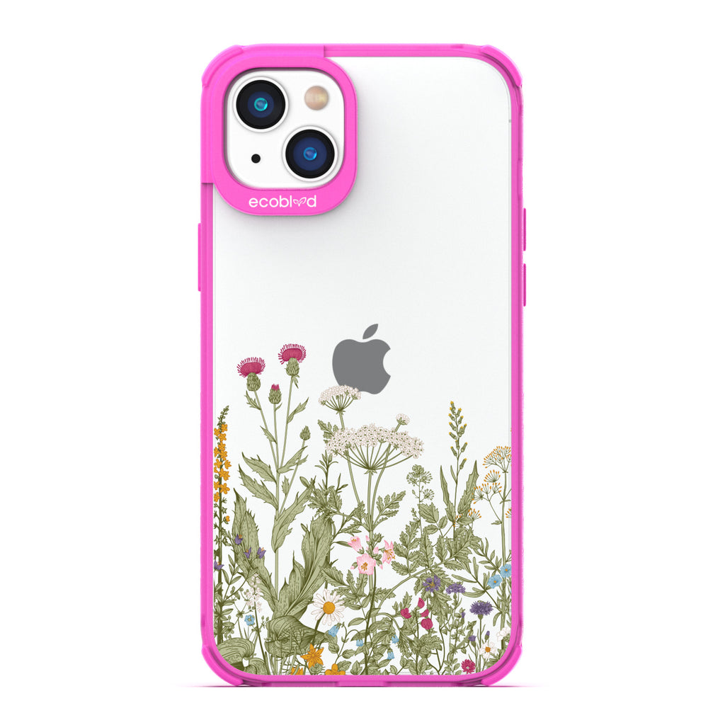 Spring Collection - Pink Compostable iPhone 14 Plus Case - Wild Herbs & Flowers Botanical Herbarium On A Clear Back