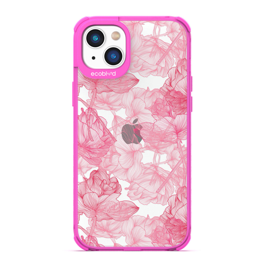 Love Collection - Pink Compostable iPhone 14 Case - Pink Line Art Style Roses On A Clear Back