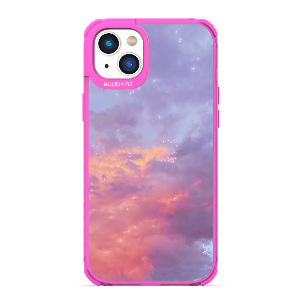 Love Collection - Pink Compostable iPhone 14 Case - Cloudy Pastel Sunset With Stars On A Clear Back