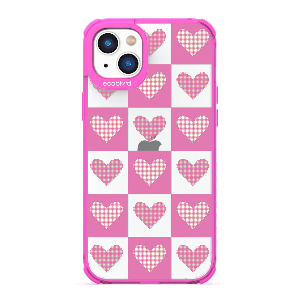 Love Collection - Pink Compostable iPhone 14 Case - Pink Checkered Print With Knitted Hearts On A Clear Back