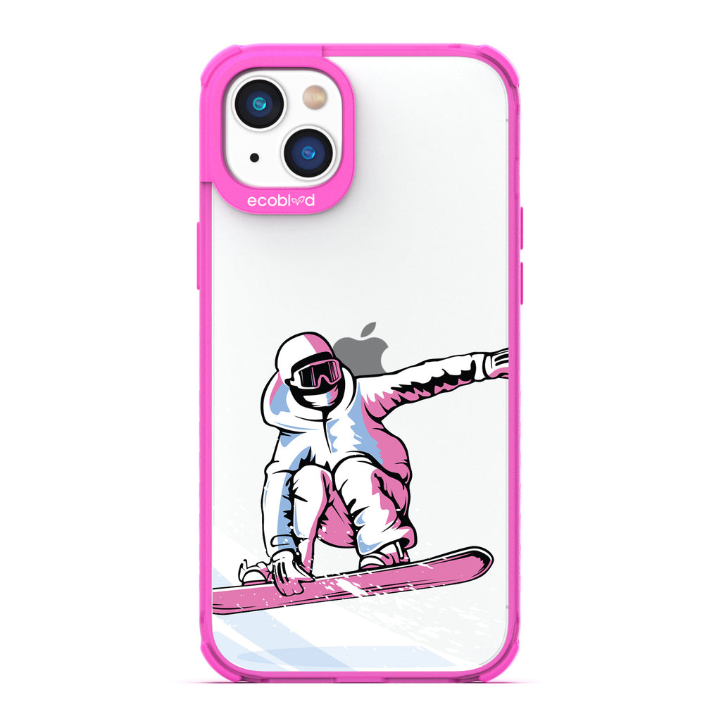 Winter Collection - Pink Eco-Friendly iPhone 14 Case - A Snowboarder Jumps While Holding The Board On A Clear Back