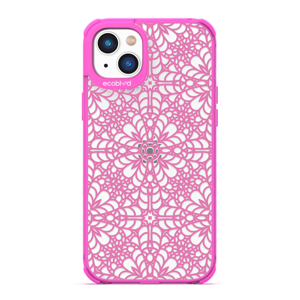 Spring Collection - Pink Compostable iPhone 14 Plus Case - Intricate Lace Tapestry Pattern On A Clear Back