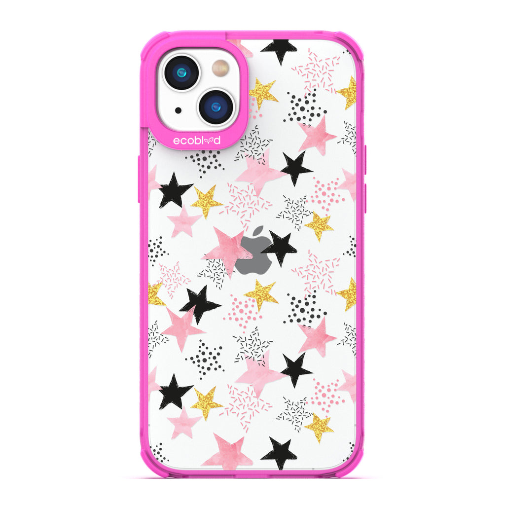 Winter Collection - Pink Laguna iPhone 14 Case With Pink, Black & Gold Stars Alternating Solid & Polka Dot Patterns