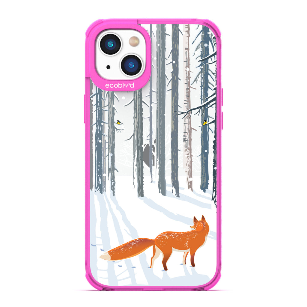 Winter Collection - Pink Compostable iPhone 14 Case - Orange Fox Trails Pawprints In Snowy Woods On A Clear Back