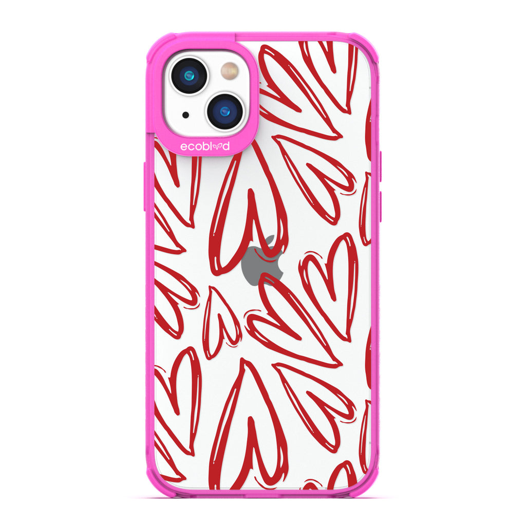Love Collection - Pink Compostable iPhone 14 Case - Painted / Sketched Red Hearts On A Clear Back