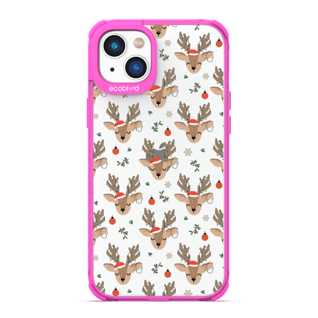 Winter Collection - Pink Laguna iPhone 14 Plus Case With Reindeer Wearing Santa Hats & Christmas Lights On A Clear Back