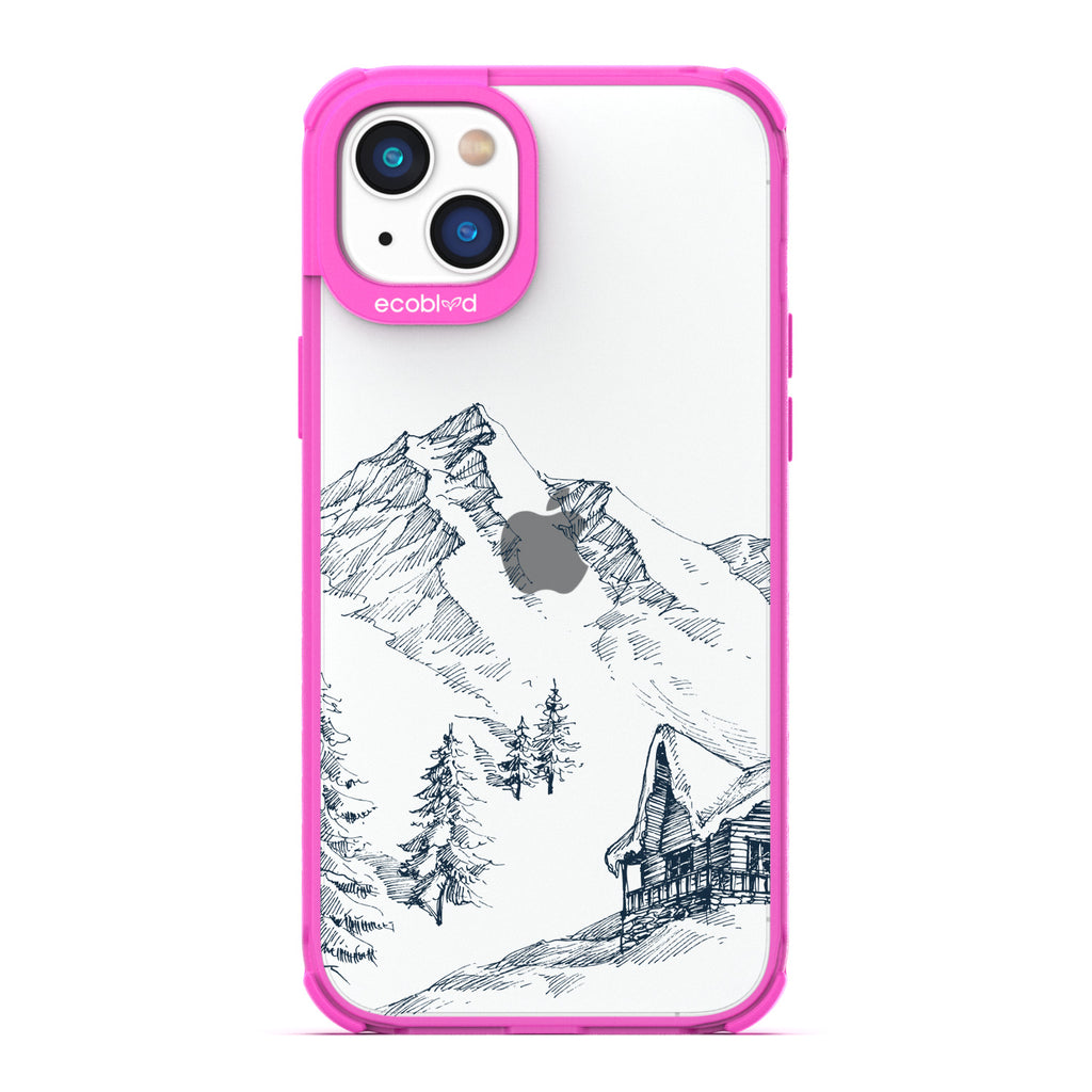 Winter Collection - Pink Compostable iPhone 14 Case - Snowy Mountainside Wood Cabin On A Clear Back