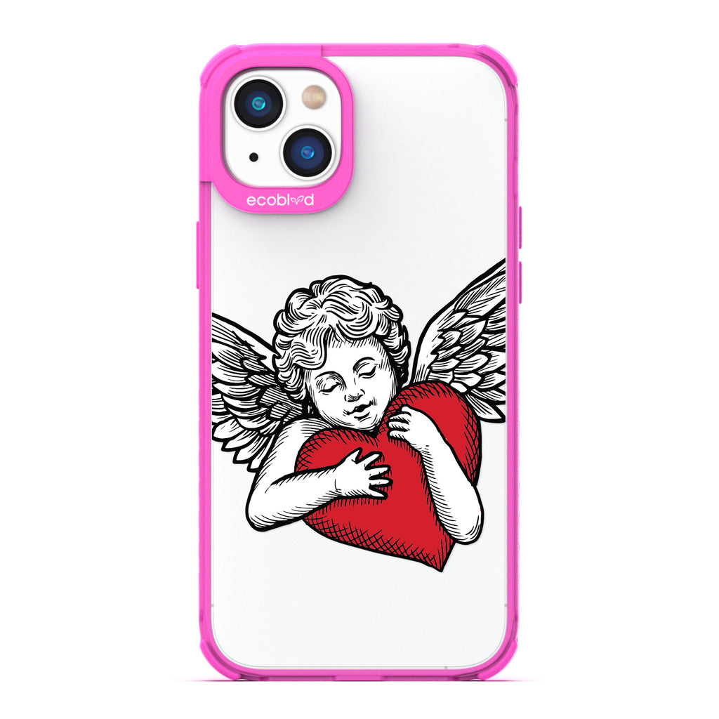 Love Collection - Pink Compostable iPhone 14 Plus Case - Black & Grey Tattoo Style Cupid Holding Red Heart On A Clear Back