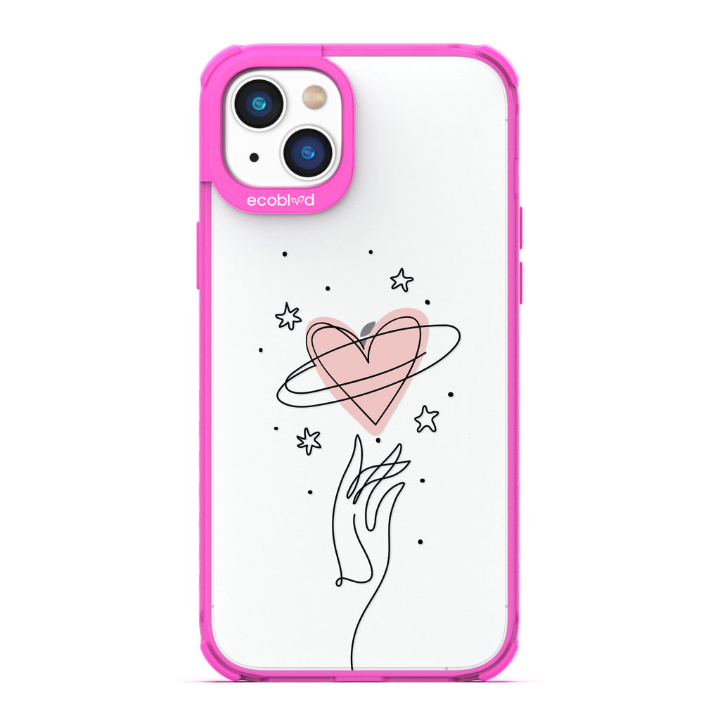 Be Still My Heart - Pink Compostable iPhone 14 Plus Case - Line Art Hand Reaching Out For Pink Heart, Stars On A Clear Back