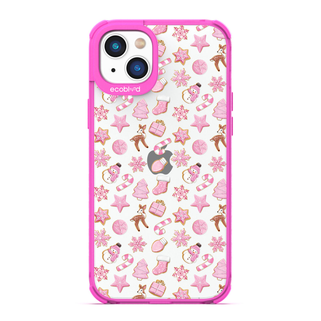 Winter Collection - Pink Laguna Eco-Friendly iPhone 14 Plus Case With Various Pink Holiday-Themed Cookies On A Clear Back
