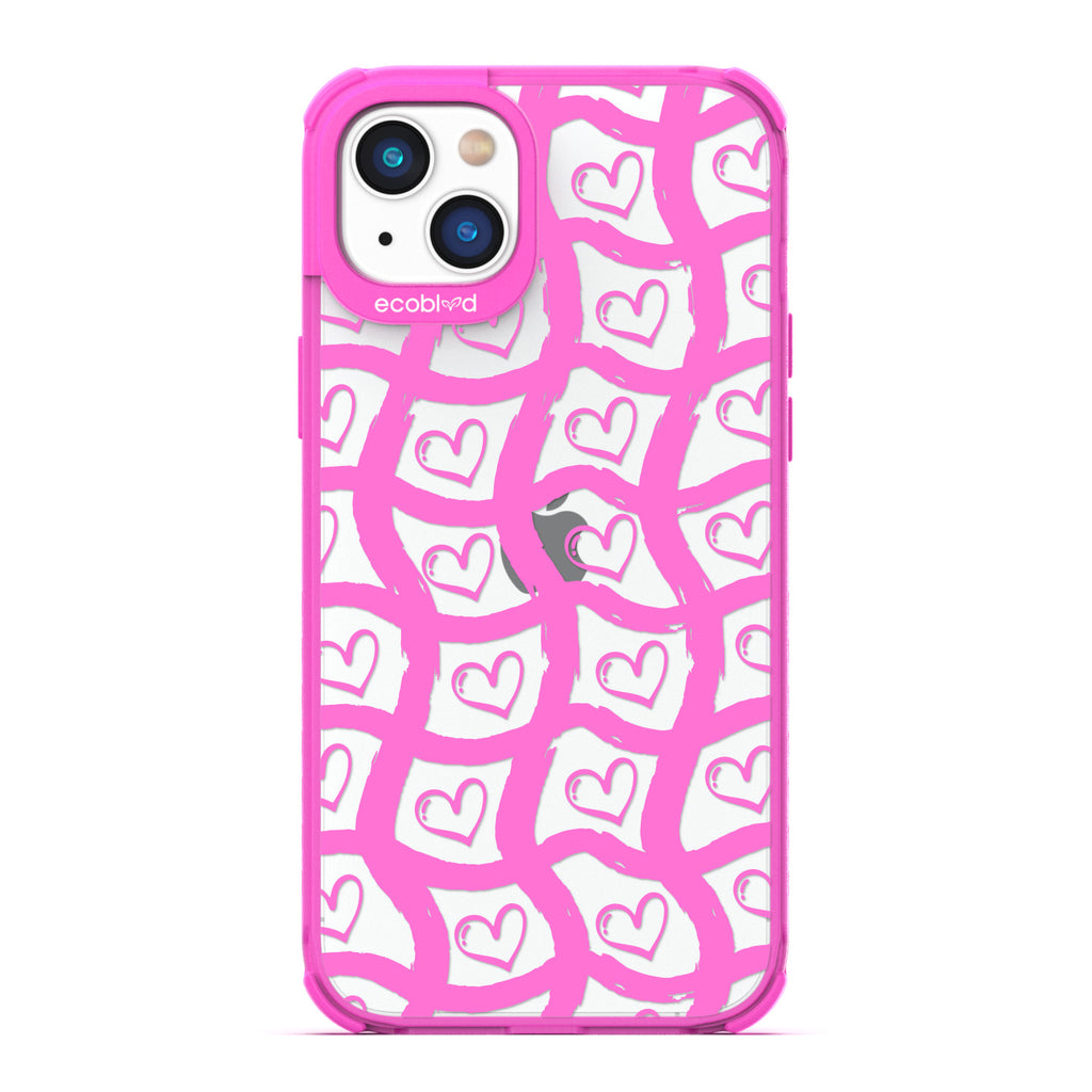 Love Collection - Pink Compostable iPhone 14 Case - Wavy Paint Stroke Checker Print With Hearts On A Clear Back