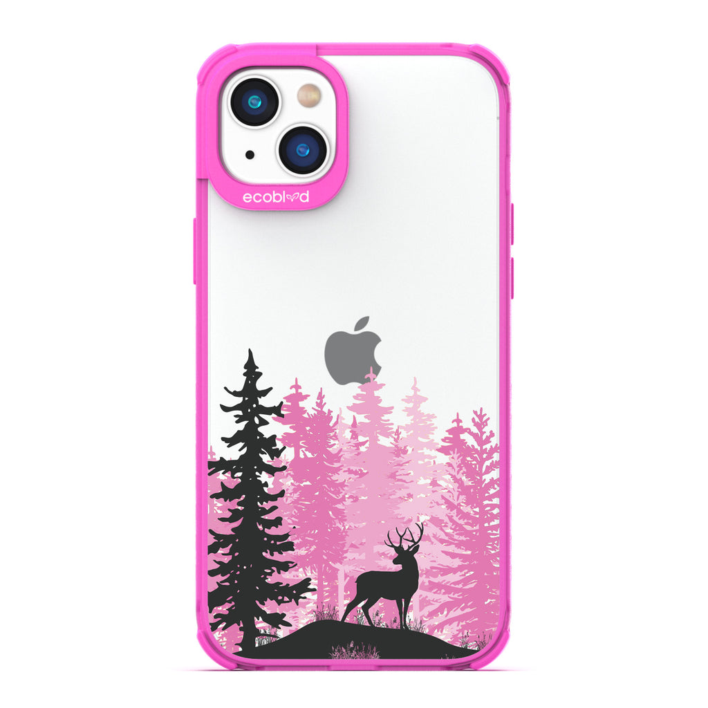 Winter Collection - Pink Compostable iPhone 14 Plus Case - Wild Stag Standing On Boulder In The Woods On Clear Back