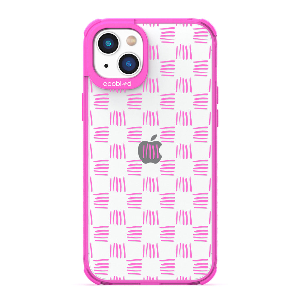 Contemporary Collection - Pink Compostable iPhone 14 Plus Case - Wicker Inspired Rattan Pattern On A Clear Back