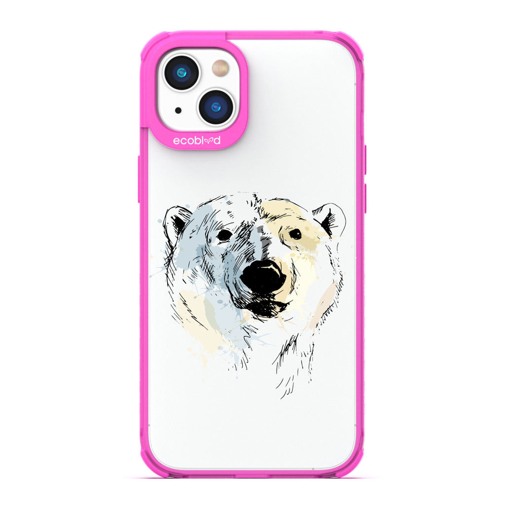 Winter Collection - Pink Compostable iPhone 14 Case - Illustrated Polar Bear Face On Clear Back