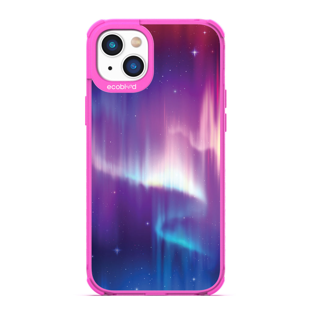 Aurora Borealis - Pink Compostable iPhone 14 Case - Northern Lights In The Night Sky On A Clear Back