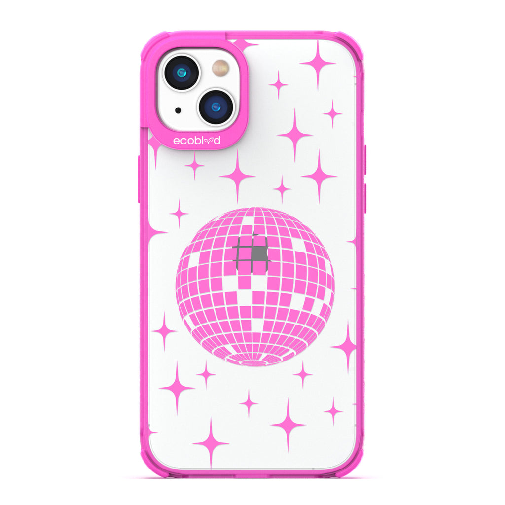 Winter Collection - Pink Eco-Friendly iPhone 14 Case - A Mirror Ball Shines With Stars On A Clear Back