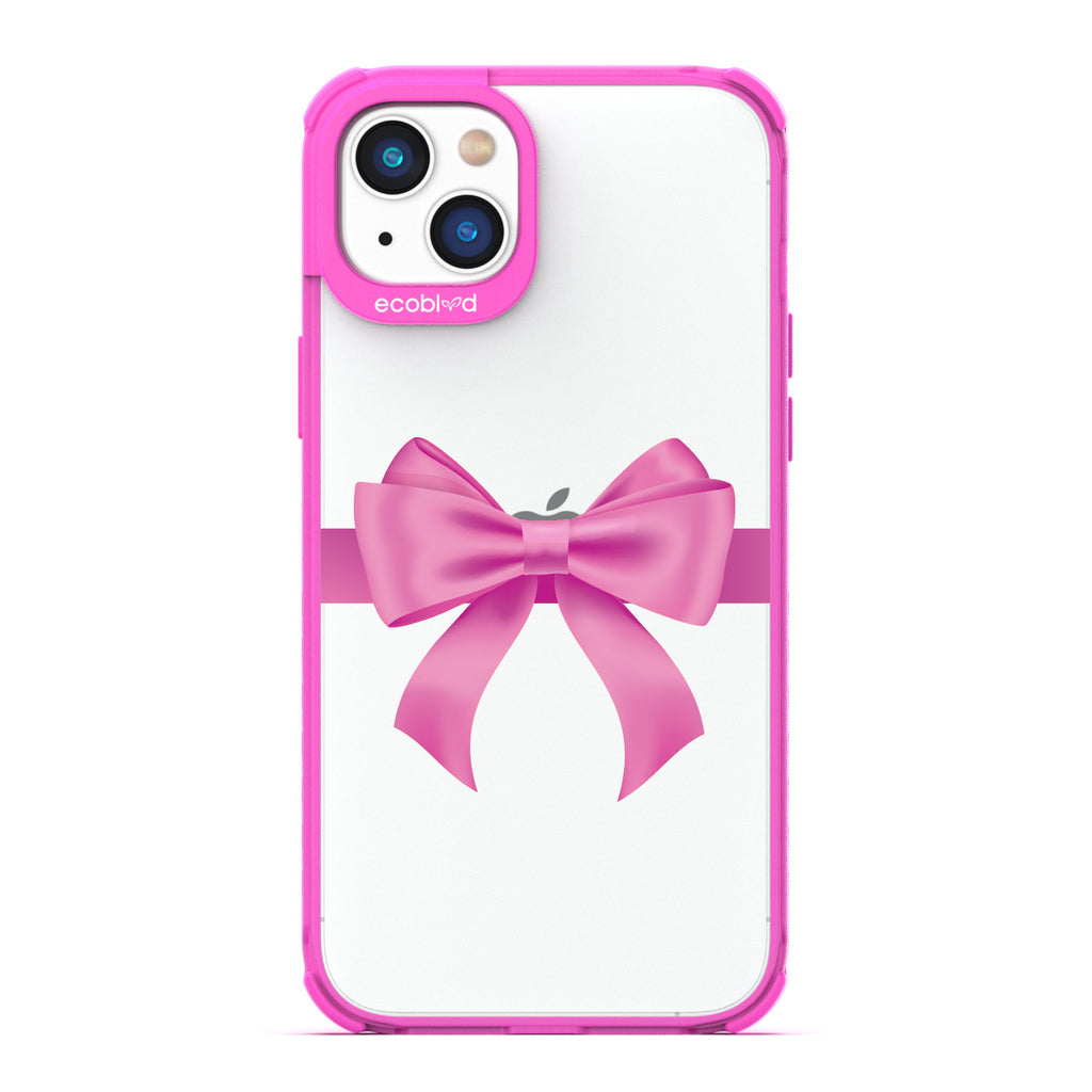 Winter Collection - Pink Eco-Friendly Laguna iPhone 14 Plus Case With A Pink Gift Bow Printed On A Clear Back