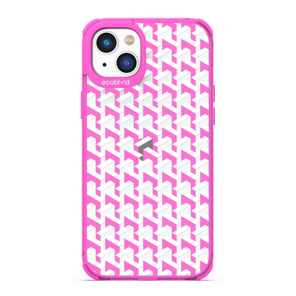Timeless Collection - Pink Laguna Compostable iPhone 14 Plus Case With High-Fashion Inspired Chevron Print On A Clear Back