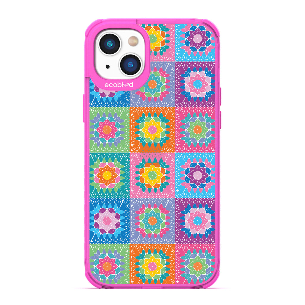 All Squared Away - Pastel Vintage Granny Squares Crochet - Eco-Friendly Clear iPhone 14 Plus Case With Pink Rim 