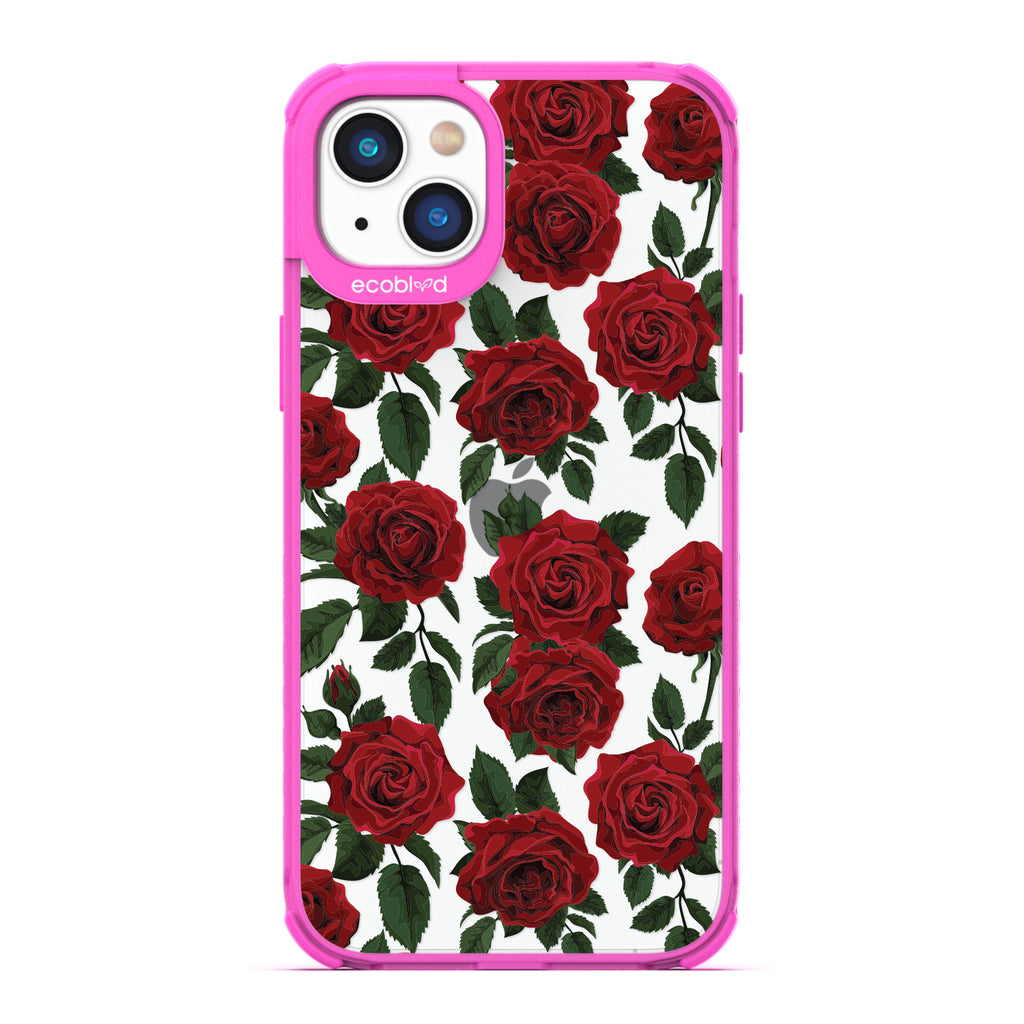 Love Collection - Pink Compostable iPhone 14 Plus Case - Red Roses & Leaves On A Clear Back