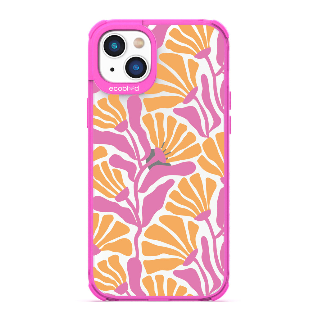 Spring Collection - Pink Compostable iPhone 14 Case - Tropical Flowers With Tan Base & Pink Petals On A Clear Back