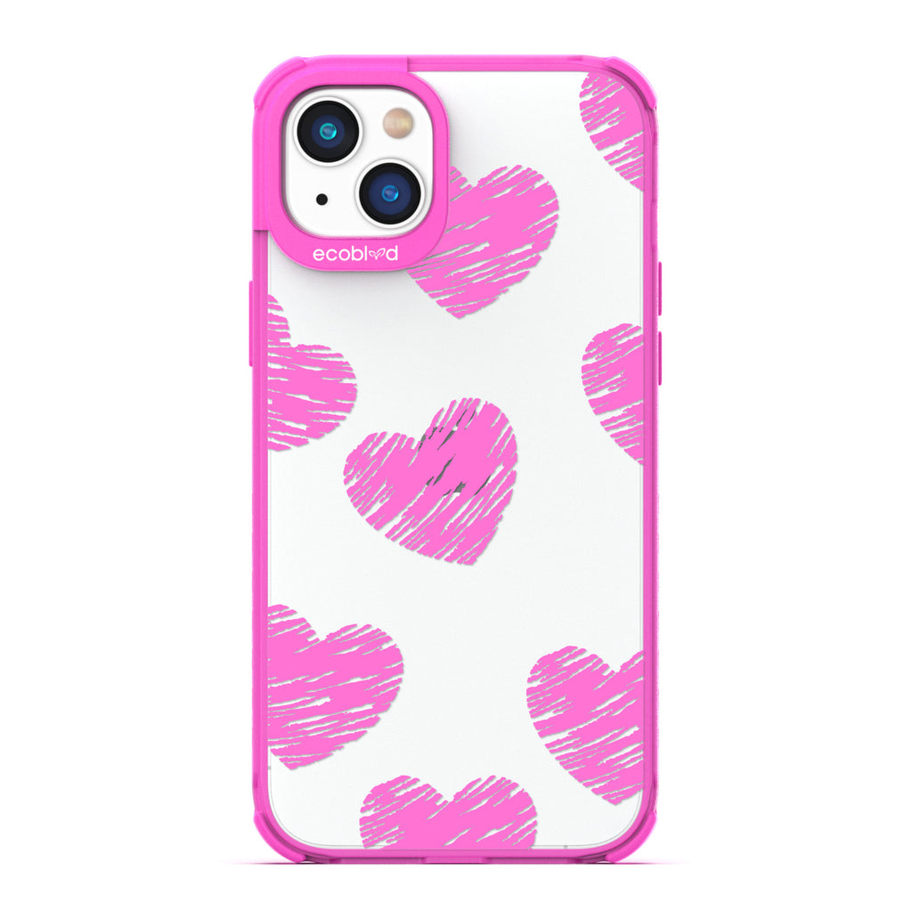 Love Collection - Pink Compostable iPhone 14 Plus Case - Pink Scribbled Hearts On A Clear Back