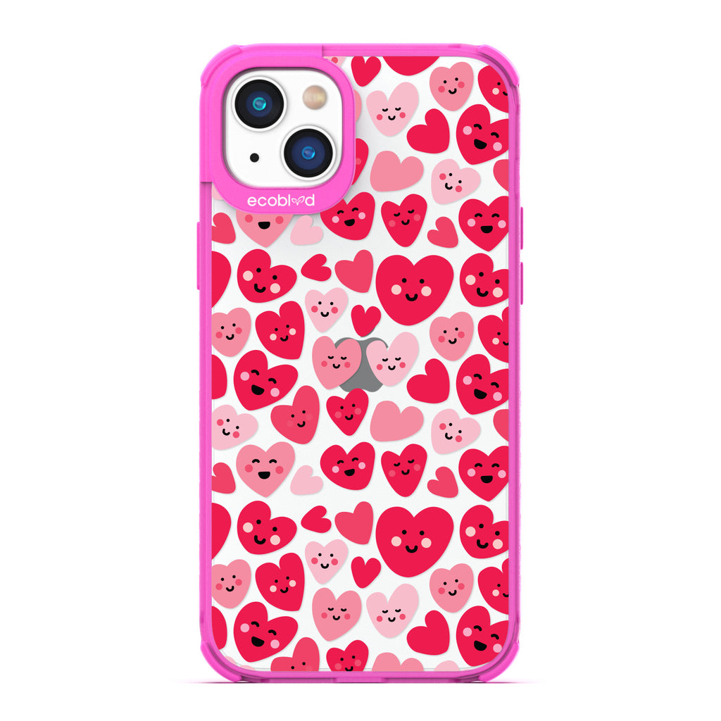 Love Collection - Pink Compostable iPhone 14 Plus Case - Pink & Red Smiling Cartoon Hearts On A Clear Back