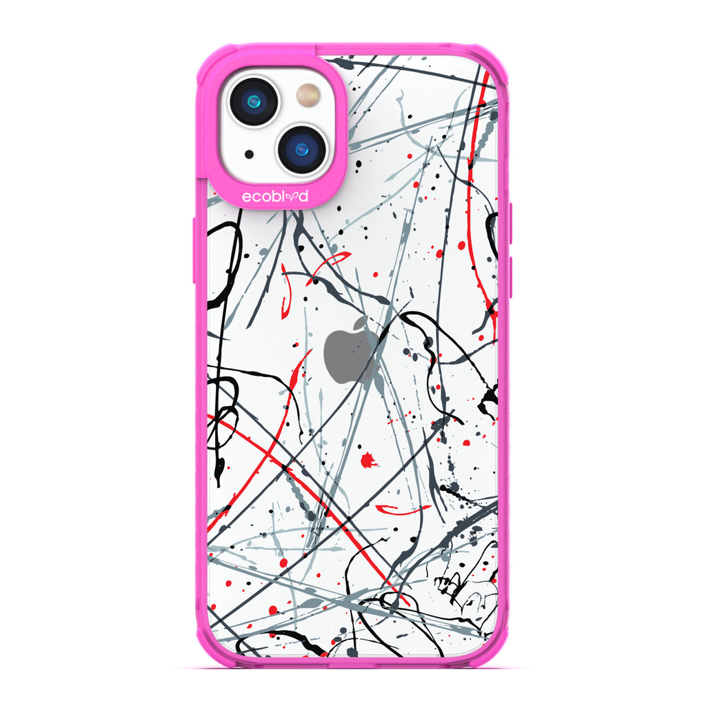 Contemporary Collection - Pink Compostable iPhone 14 Plus Case - Black & Red Paint Splatter On A Clear Back