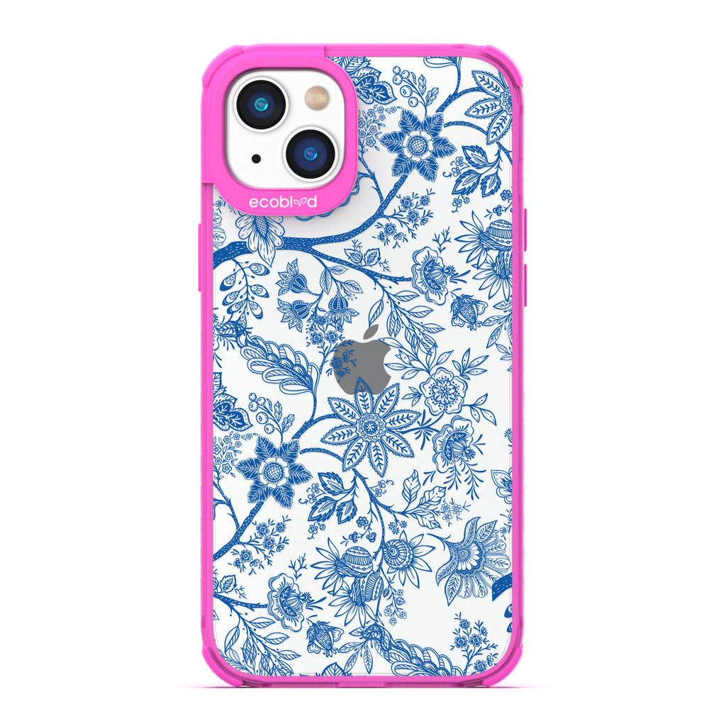 Timeless Collection - Pink Laguna Eco-Friendly iPhone 14 Case With Blue Toile De Jouy Floral Pattern On A Clear Back