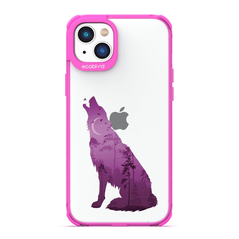 Laguna Collection - Pink Eco-Friendly iPhone 14 Case With A Howling Wolf And Moonlit Woodlands Print On A Clear Back