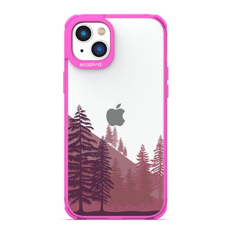Laguna Collection - Pink Eco-Friendly iPhone 14 Case With A Minimalist Mountainside Pine Tree Forest On A Clear Back