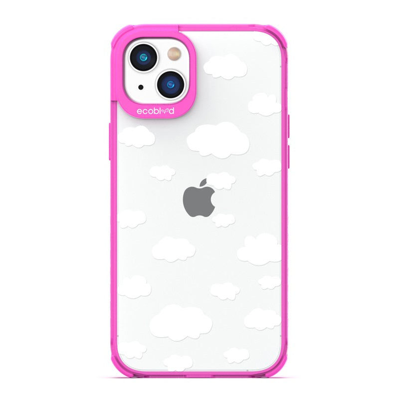 Laguna Collection - Pink Eco-Friendly Apple iPhone 14 Case With A Fluffy White Cartoon Clouds Print On A Clear Back