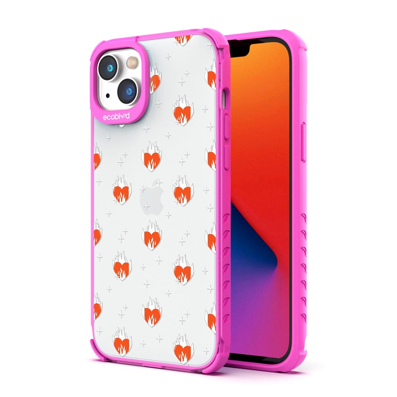 Back View Of The Pink iPhone 14 Laguna Case With The Burning Hearts Design On A Clear Back And Front View Of The Screen