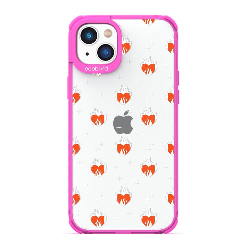 Laguna Collection - Pink Eco-Friendly Apple iPhone 14 Case With A Flaming Red Hearts And Stars Pattern On A Clear Back