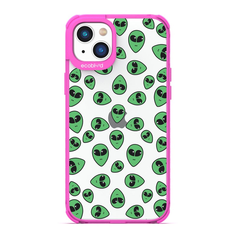 Laguna Collection - Pink Eco-Friendly iPhone 14 Case With Green Cartoon Alien Heads On A Clear Back - Compostable 