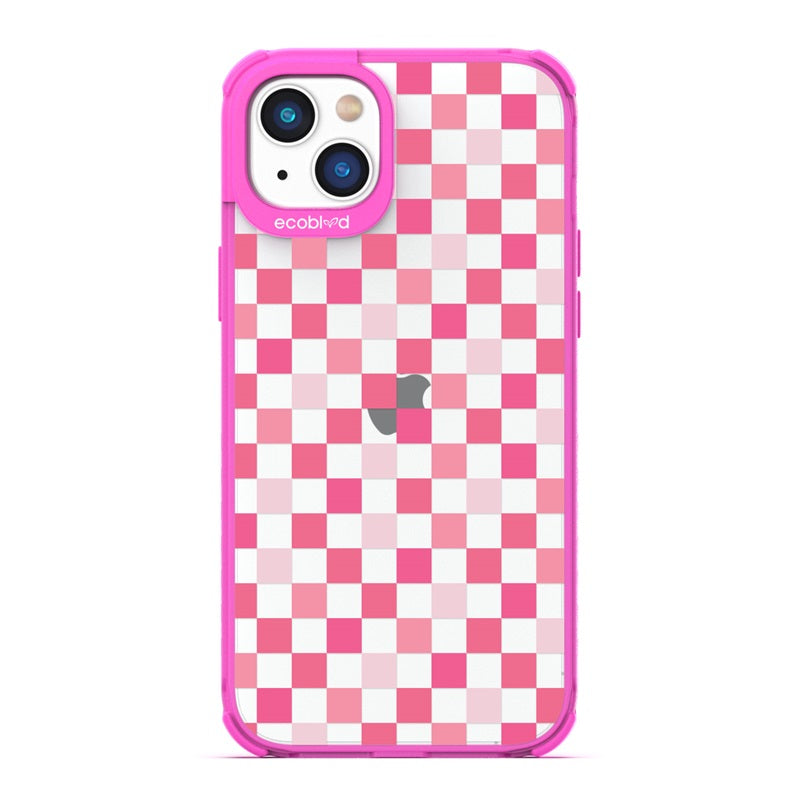 Laguna Collection - Pink Eco-Friendly Apple iPhone 14 Case With A Checkered Print Pattern On A Clear Back 