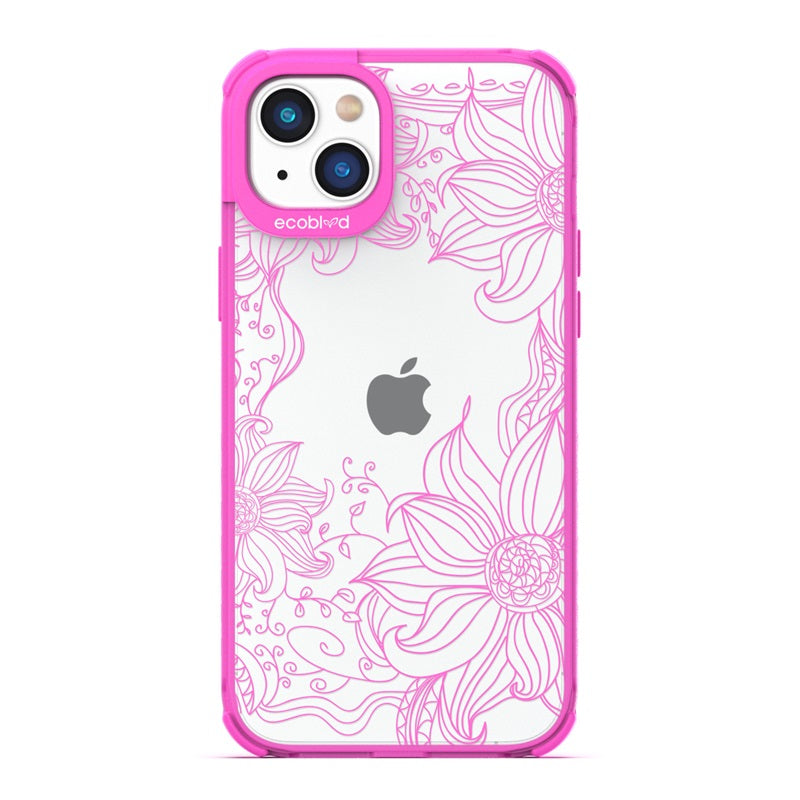 Laguna Collection - Pink Eco-Friendly iPhone 14 Case With A Line Art Sunflower Stencil Print On A Clear Back - Compostable