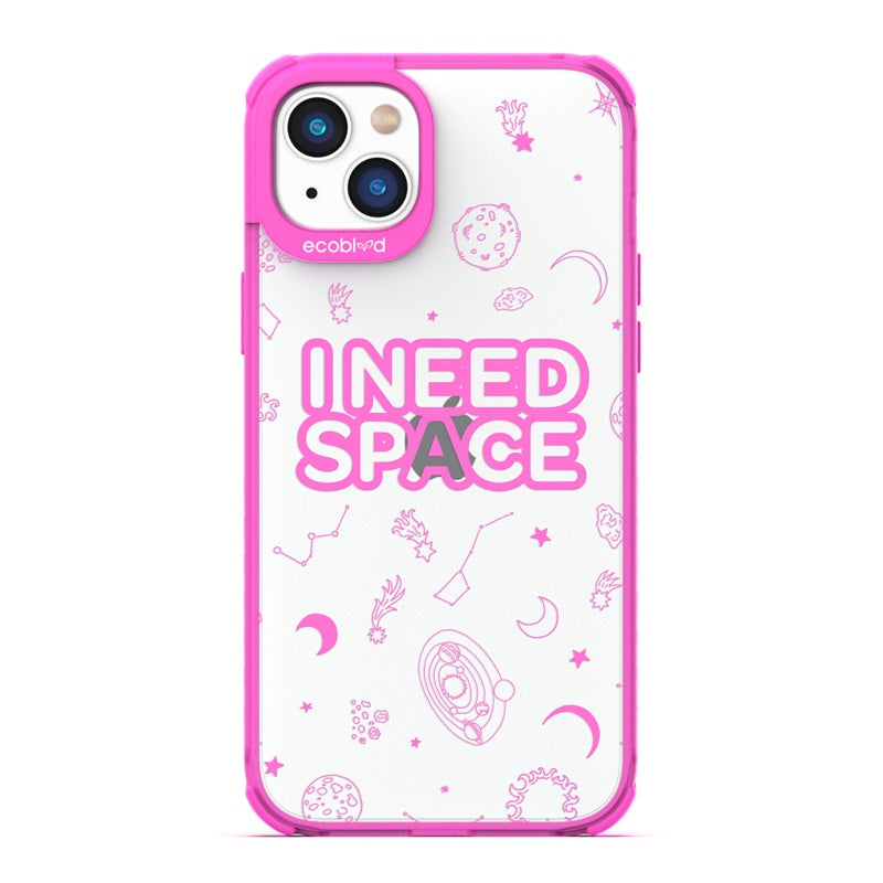 Laguna Collection - Pink Eco-Friendly iPhone 14 Case With I Need Space, Constellations & Planets On Clear Back