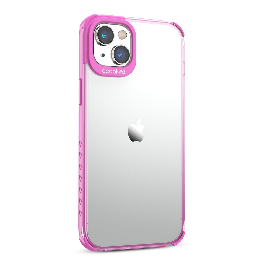 Right View Of Pink Laguna Collection iPhone 14 Case With A Clear Back Showing Raised Camera Ring & Non-Slip Grip