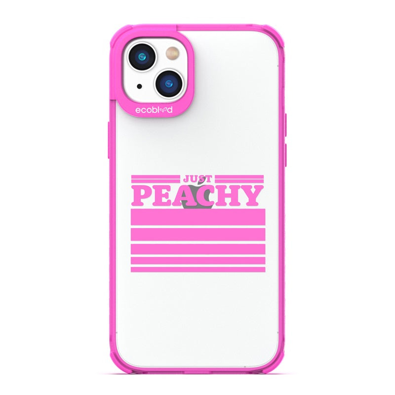 Laguna Collection - Pink Eco-Friendly iPhone 14 Case With Just Peachy Quote & Gradient Sized Stripes On A Clear Back